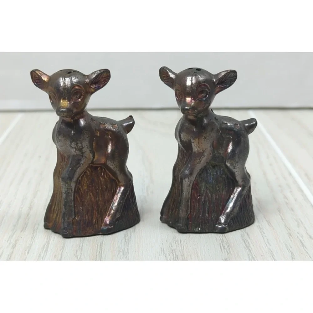 Copper Fawns baby deer vintage mini small salt pepper shakers set